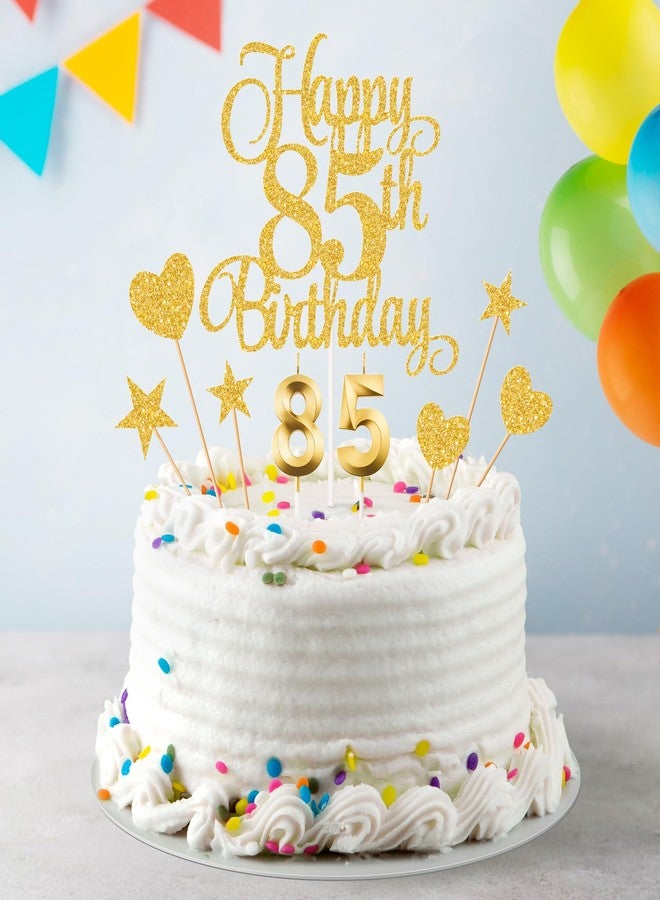 Lecferrarc 85th Birthday Cake Decorations, 85th Birthday Candles Cake Numeral Candles and Glitter Happy 85th Birthday Cake Toppers Set for Birthday Party Supplies (Gold) - Image 4